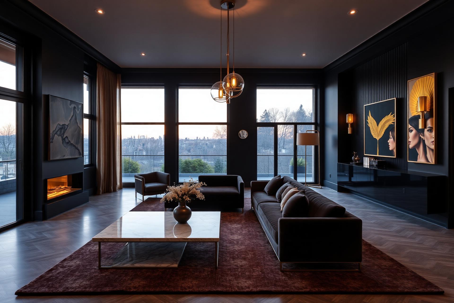 Luxurious living room interior at dusk